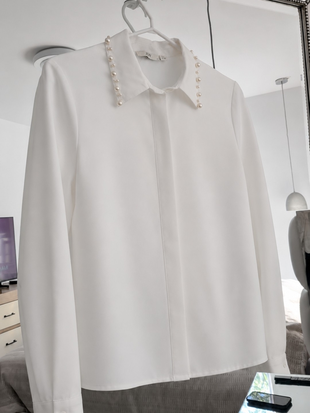 Pearl-Trim White Button-Up Blouse